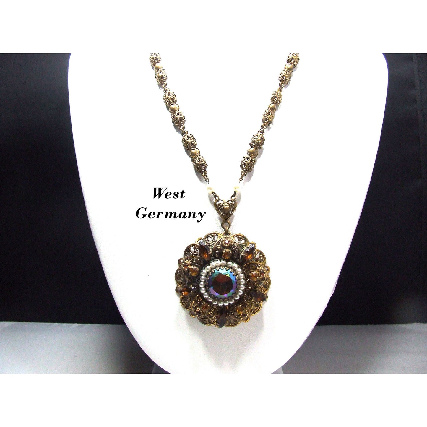 West Germany Carnival Glass Topaz Rhinestone Necklace, Faux Pearls, Filigree 1950s Vintage Jewelry