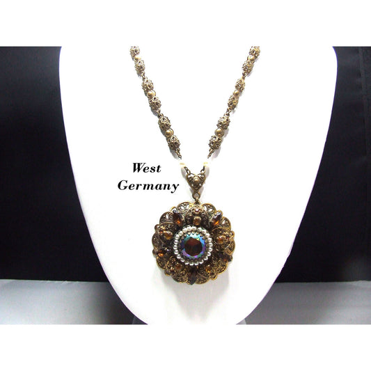 West Germany Carnival Glass Topaz Rhinestone Necklace, Faux Pearls, Filigree 1950s Vintage Jewelry
