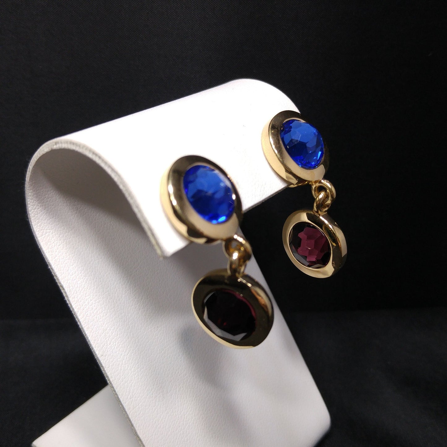 Swarovski Gold Plated Drop Earrings, Blue Green Purple Crystals, Vintage 1990s Swan Logo