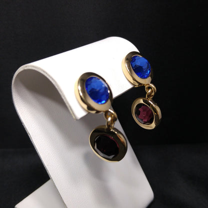 Swarovski Gold Plated Drop Earrings, Blue Green Purple Crystals, Vintage 1990s Swan Logo