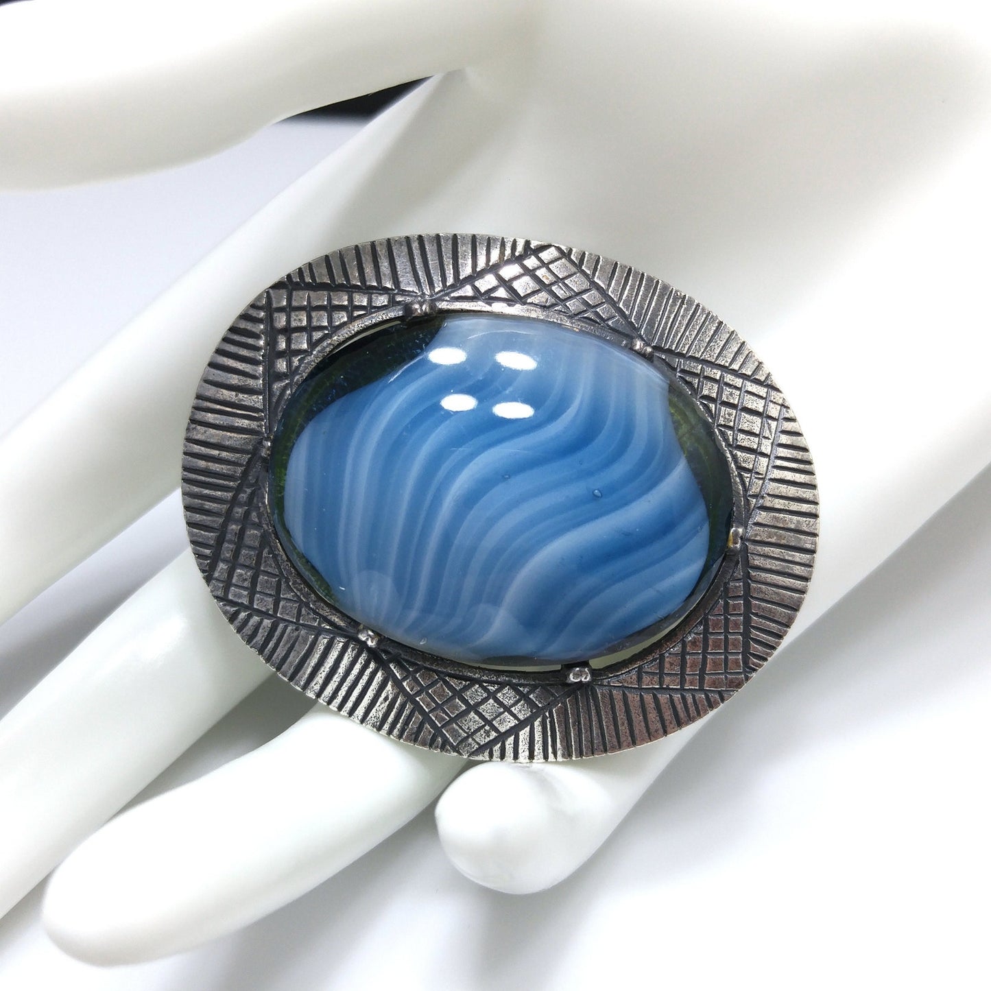 Corocraft Blue Art Glass Brooch, Silver Etched Frame, 1940s Vintage Jewelry