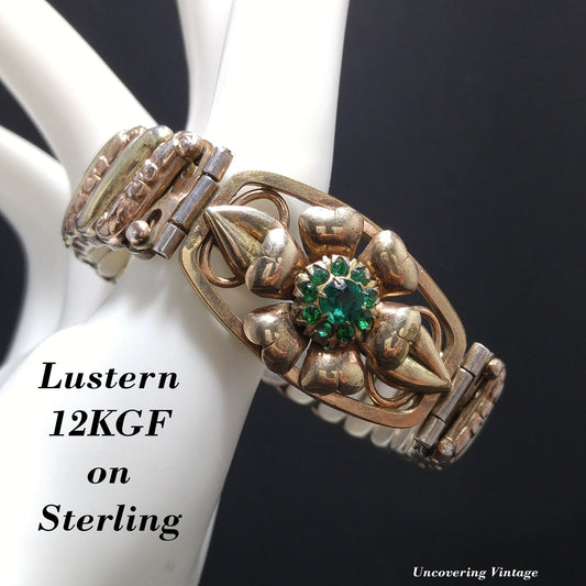 Antique Lustern Expansion Bracelet, 12KGF Sterling, Green Rhinestones, 1920s Vintage Jewelry