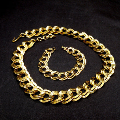 Monet Wide Link Necklace Bracelet Set, Double Links, 1980s Vintage Jewelry
