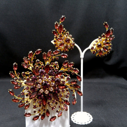 Mid-century Large Purple Rhinestone Brooch & Earrings, Floral Design, 1950s Vintage Jewelry