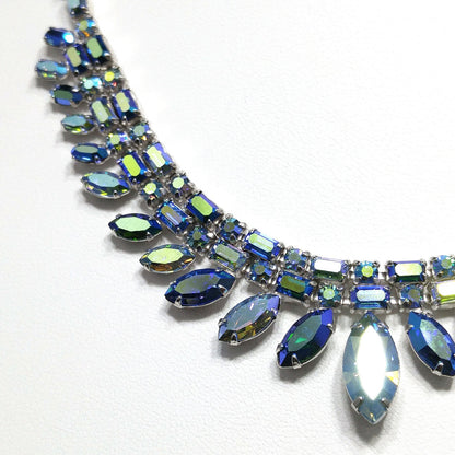 Sherman 1950s–60s Blue Aurora Borealis Rhinestone Necklace | Rhodium Plated Mid-Century Statement Collar
