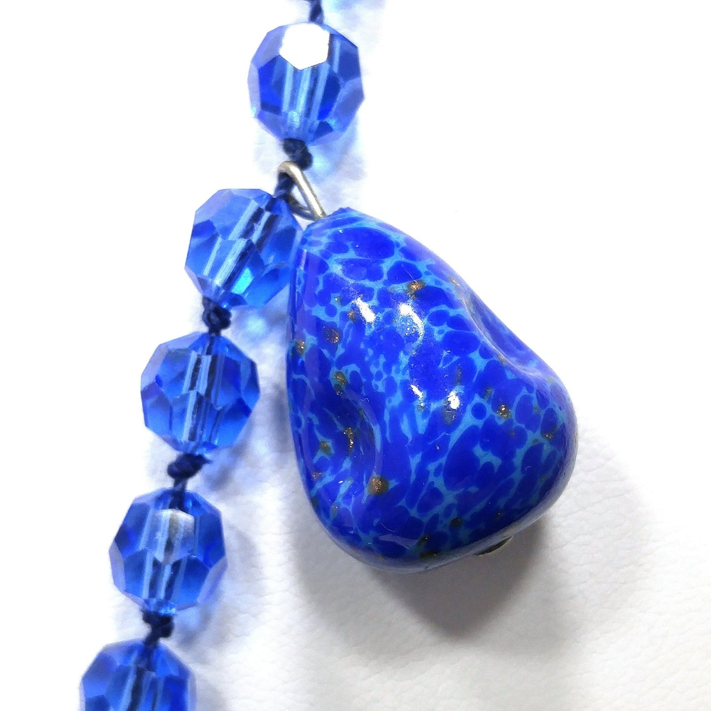 Cobalt Blue Crystal Long Necklace & Earrings, Artisan Jewelry, Faux Lapis Glass, 1940s Vintage Jewelry