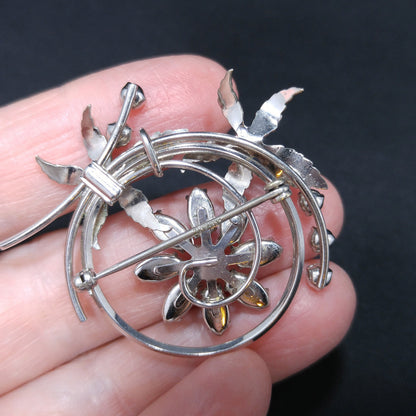 Krementz Silver Tone Clear Rhinestone Brooch, Rhodium Plated, Screw Back Earrings, 1940s
