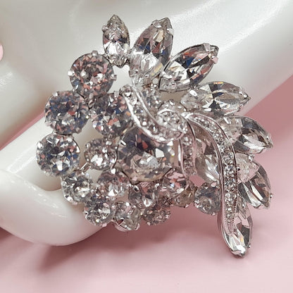 Vintage Clear Rhinestone Brooch, Rhodium Plated, 1960s, 2 1/4 Inches