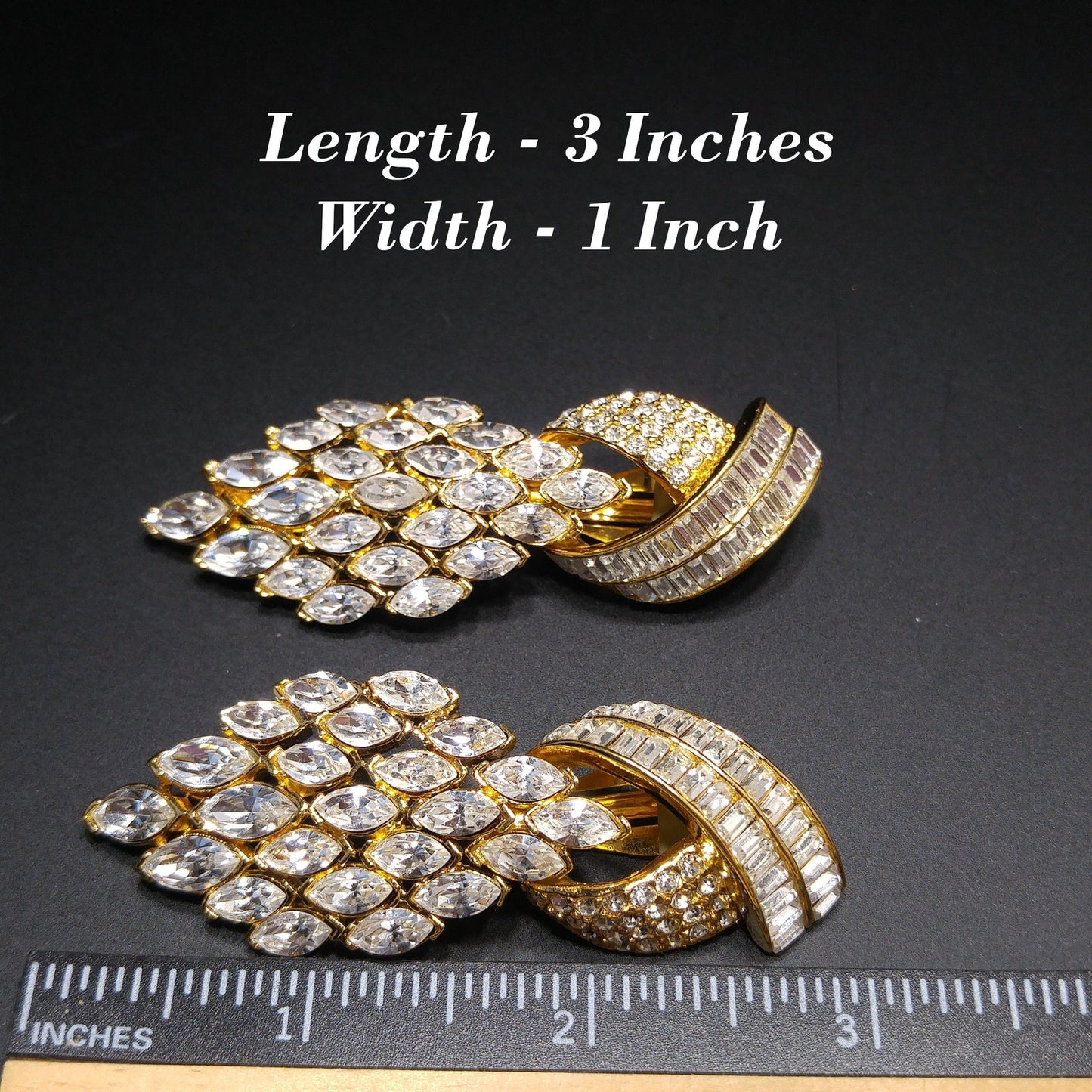 Vintage CINER Runway Clear Rhinestone Long Clip Earrings, Gold Plated