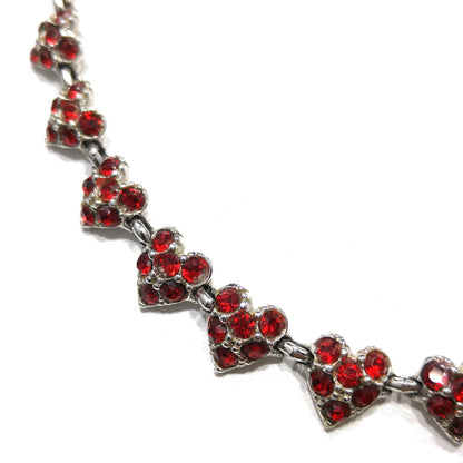 Vintage Bogoff Heart Red Rhinestone Choker Necklace, Rhodium Plated, 1950s