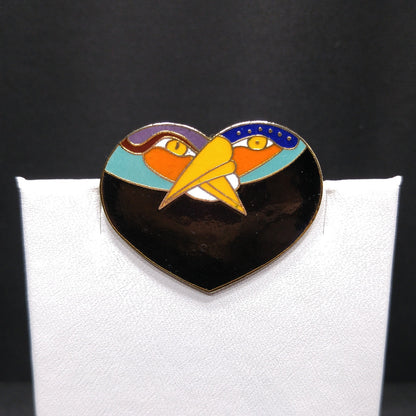 Laurel Burch Two Bird Heart Brooch, Gold Plated Cloisonne, 1980s Vintage Jewelry