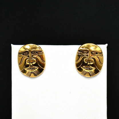 Laurel Burch Eiko Post Earrings, Gold Plated, Japanese Mask, 1980s Vintage