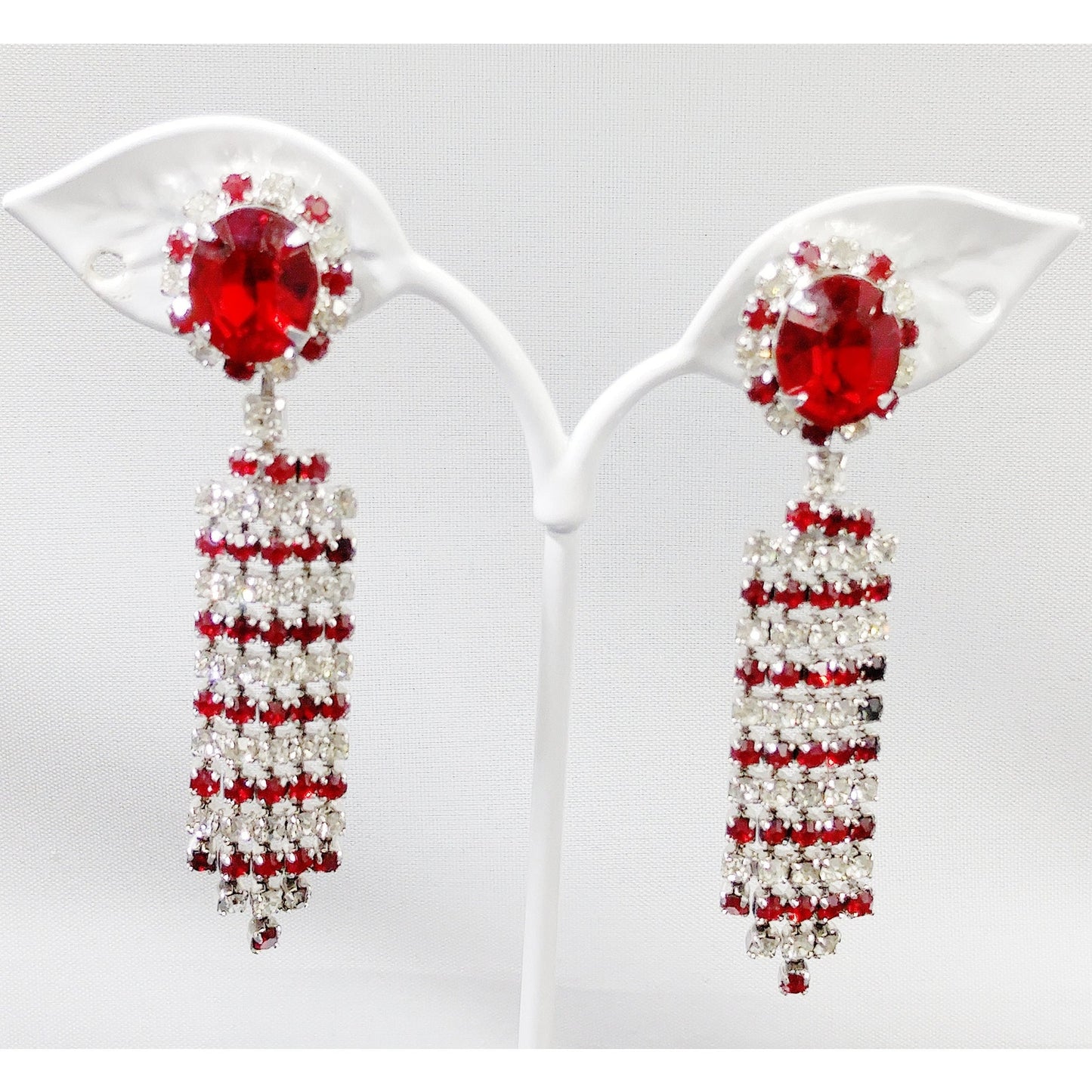 Red & Clear Long Rhinestone Earrings, Dangle , 1960s Vintage Jewelry