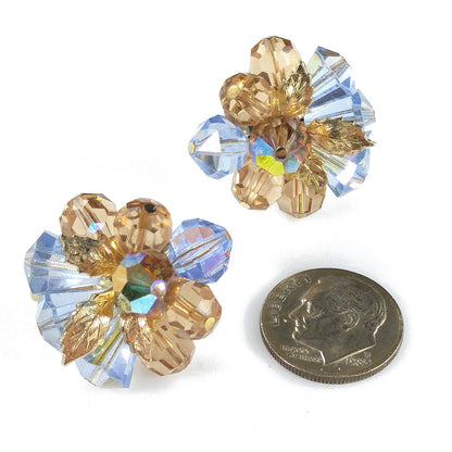 Vendome Blue & Gold Crystal Beaded Clip Earrings, Gold Plated, 1960s Vintage Jewelry
