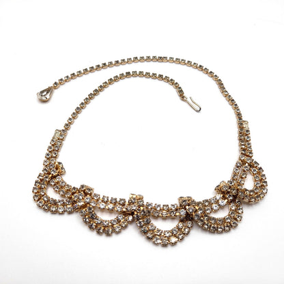 Vintage Looped Clear Rhinestone Necklace, Gold Tone, 1950s
