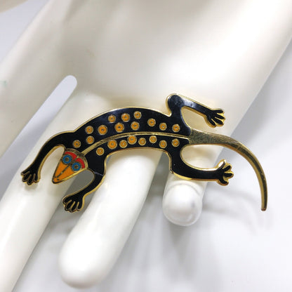 Laurel Burch Black "Lizard" Brooch, Gold Plated Cloisonne, 1980s Vintage Jewelry