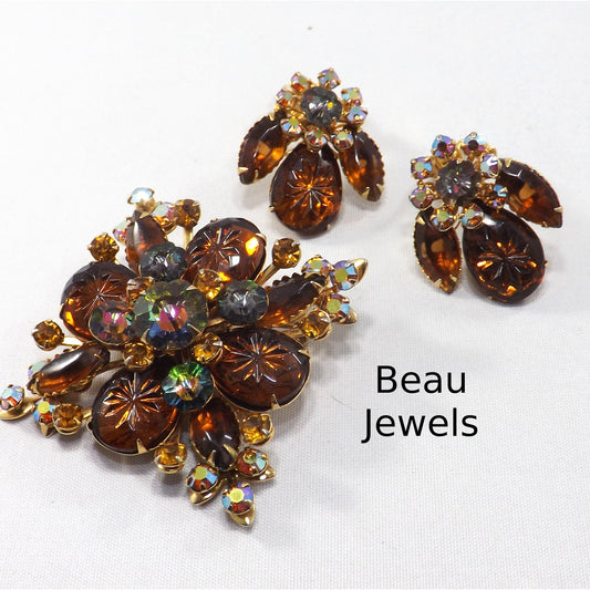 Vintage Beau Jewels Root Beer Molded Glass Watermelon Rhinestone Brooch Set