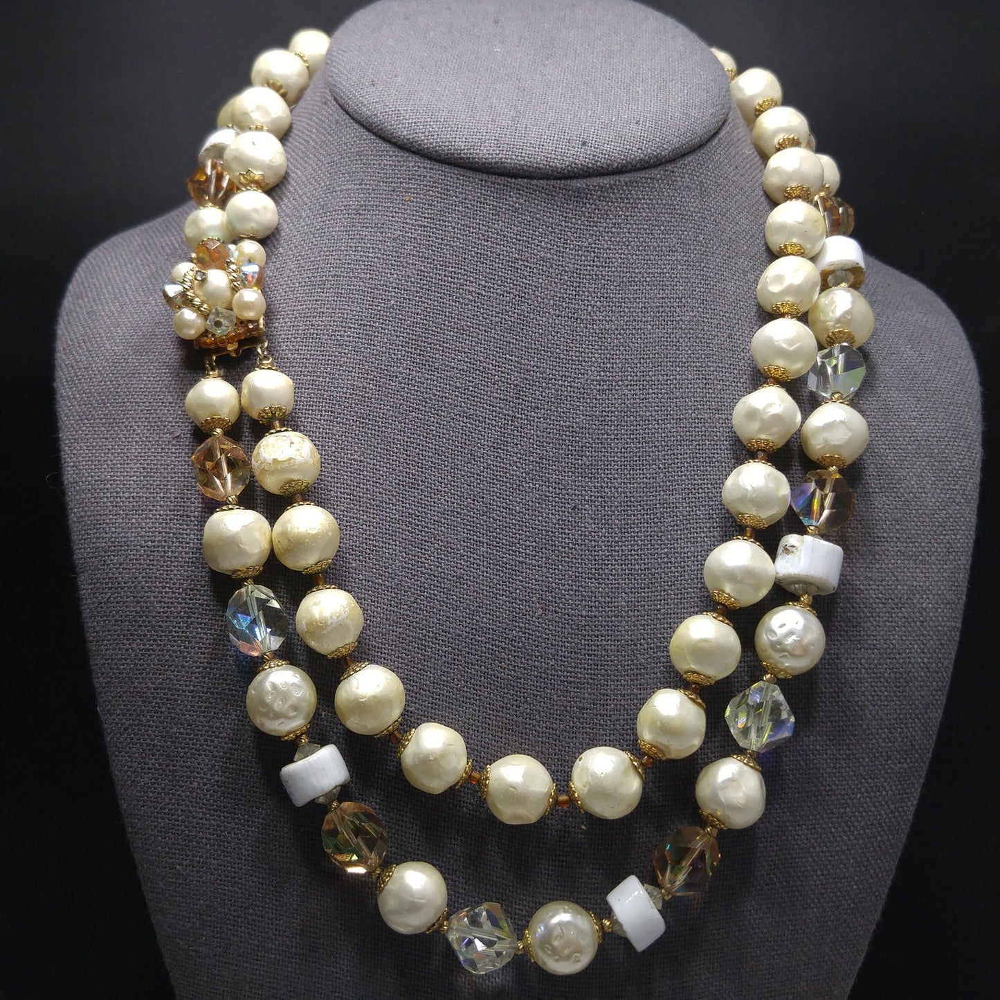 Vintage 1950s Faux Pearl Crystal Necklace Aurora Borealis Double Strand