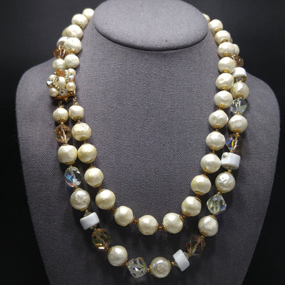 Vintage 1950s Faux Pearl Crystal Necklace Aurora Borealis Double Strand