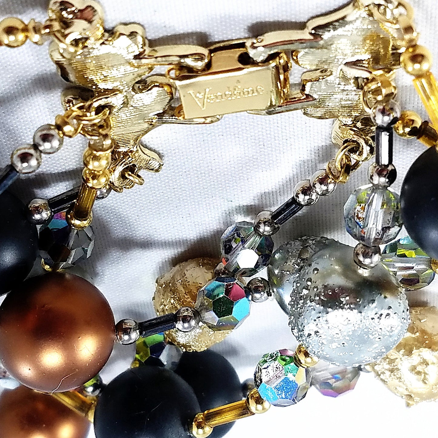 Vintage Vendome 4-Strand Beaded Bracelet Crystals Satin Glass Gold Clasp 7.5"