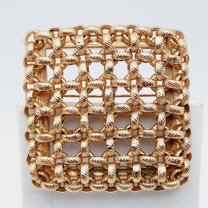 Vintage Monet Gold Plated Woven Square Brooch – 1980s Statement Designer Jewelry