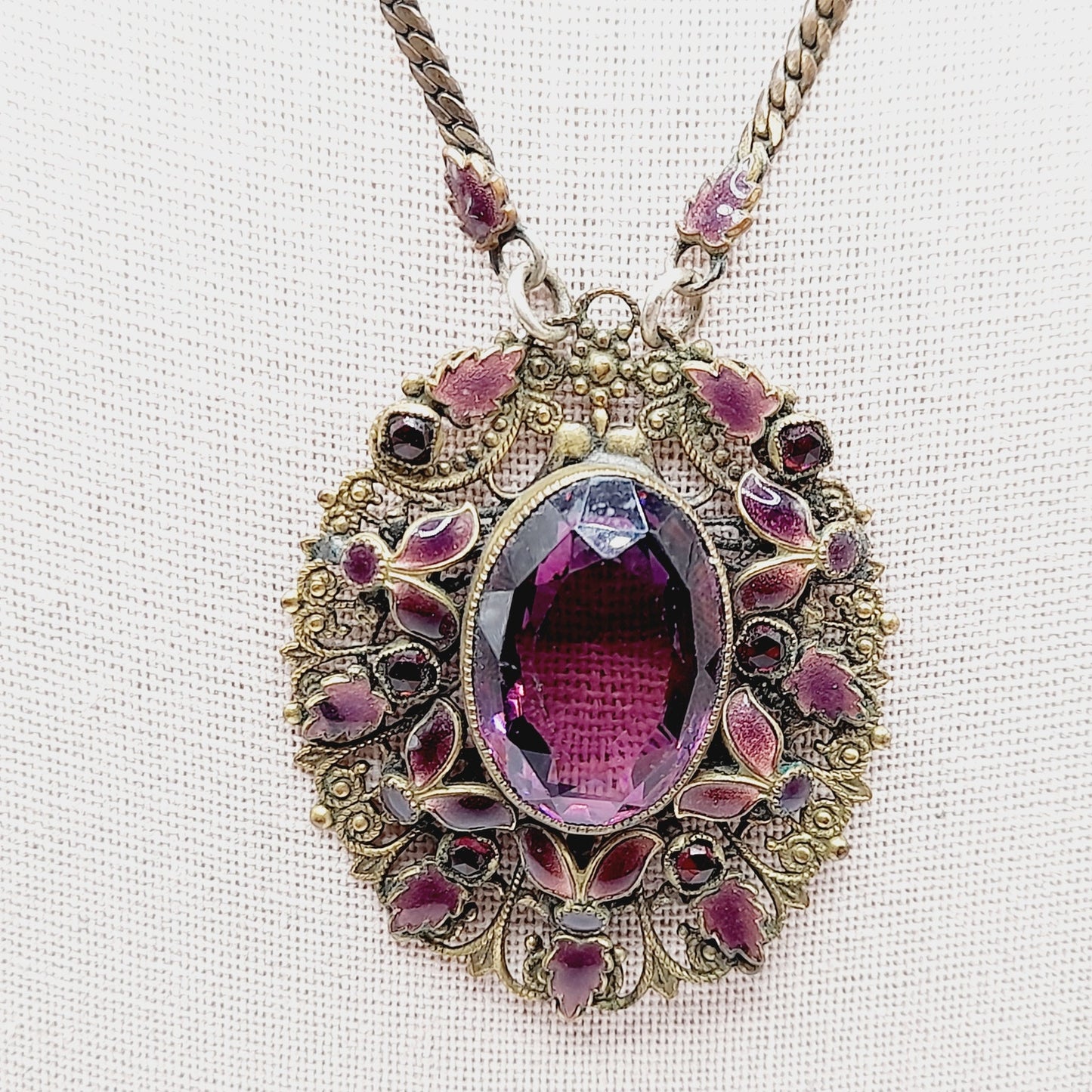 Antique Victorian Purple Glass Enamel Filigree Pendant Necklace, 27 Inches