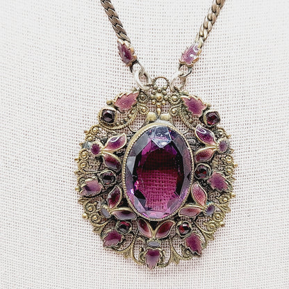 Antique Victorian Purple Glass Enamel Filigree Pendant Necklace, 27 Inches