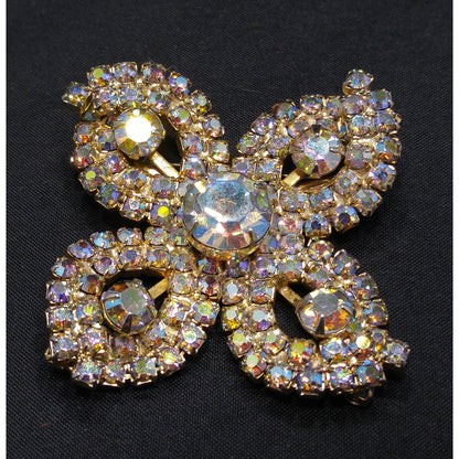 Aurora Borealis Flower Brooch, Gold Plated, 1960s Vintage Jewelry