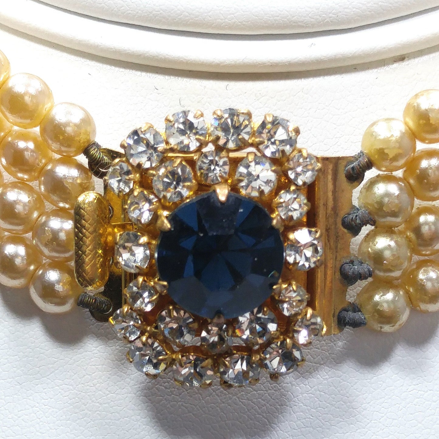 Blue Rhinestone Faux Pearl Collar Necklace, Three Strands, 14 Inches, 1950 Vintage Jewelry