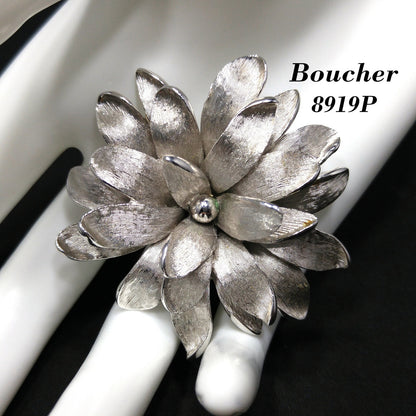 Boucher Floral Brooch, Number 8919P, Rhodium Plated, 1960s Vintage Jewelry