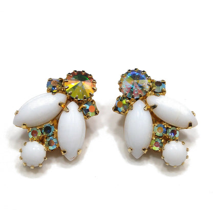 Vintage Milk Glass Jewelry Set, Necklace Bracelet Clip Earrings, Aurora Borealis, 1960s Vintage Jewelry