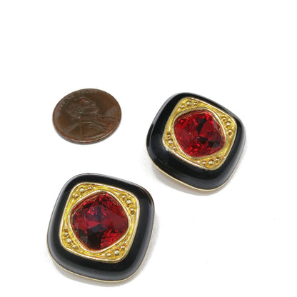 Vintage Swarovski Clip Earrings – Black Enamel & Red Crystal, Gold Plated 1980s