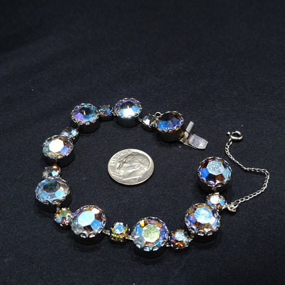 Blue Aurora Borealis Rhinestone Bracelet, Gold Plated, 1960s Vintage Jewelry