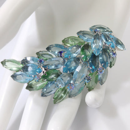 Turquoise & Green Rhinestone Brooch, Rhodium Plated, 1960s Vintage Jewelry