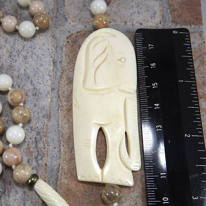 1950s Elephant Pendant Gemstone Beaded Necklace Hand Knotted 32” Vintage Jewelry