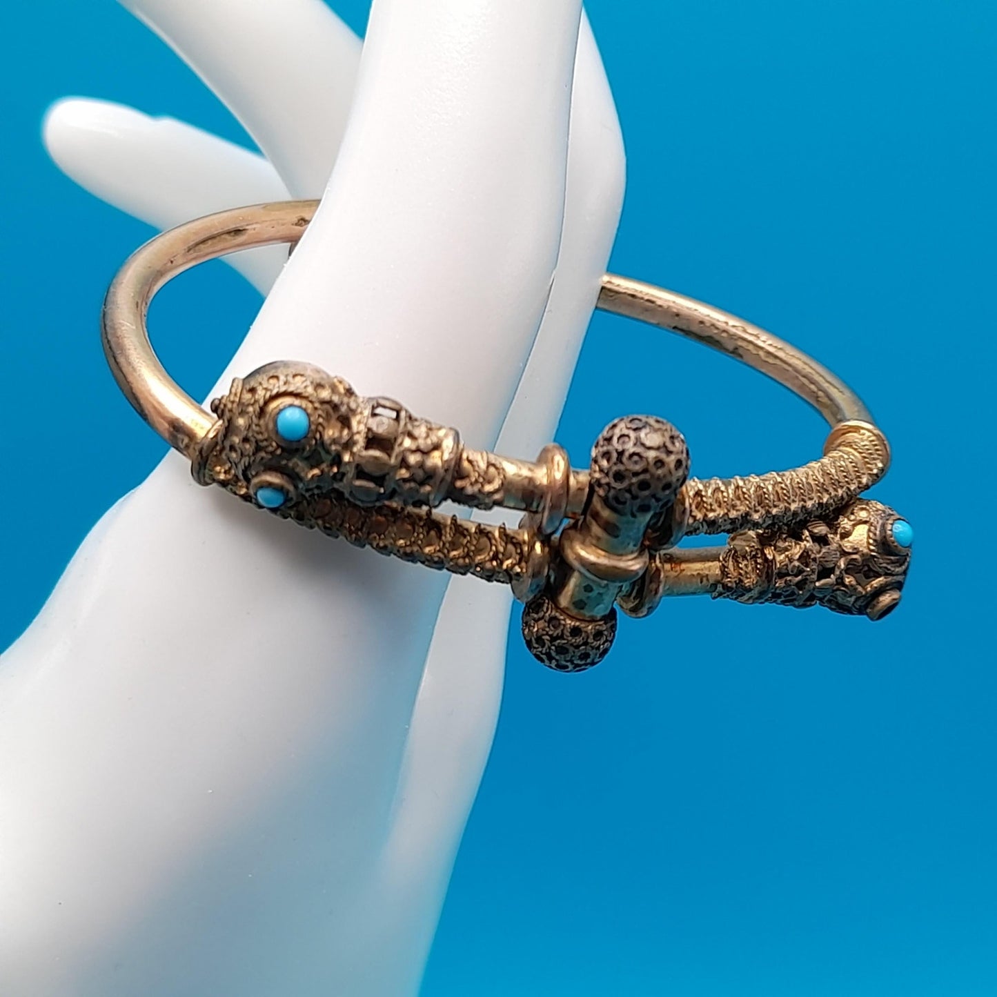 Antique Snake Cuff Bracelet, Gold Filled, Filigree Balls, Turquoise Bead Eyes, Victorian 1800s Jewelry