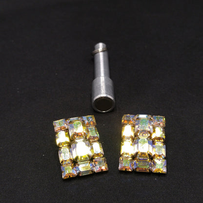 Weiss Aurora Borealis Emerald Cut Earrings, Gold Plating, 1960s Vintage Jewelry
