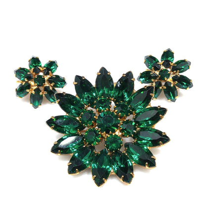 Emerald Green Rhinestone Floral Brooch & Earrings, Gold Plated, 1960s Vintage Jewelry