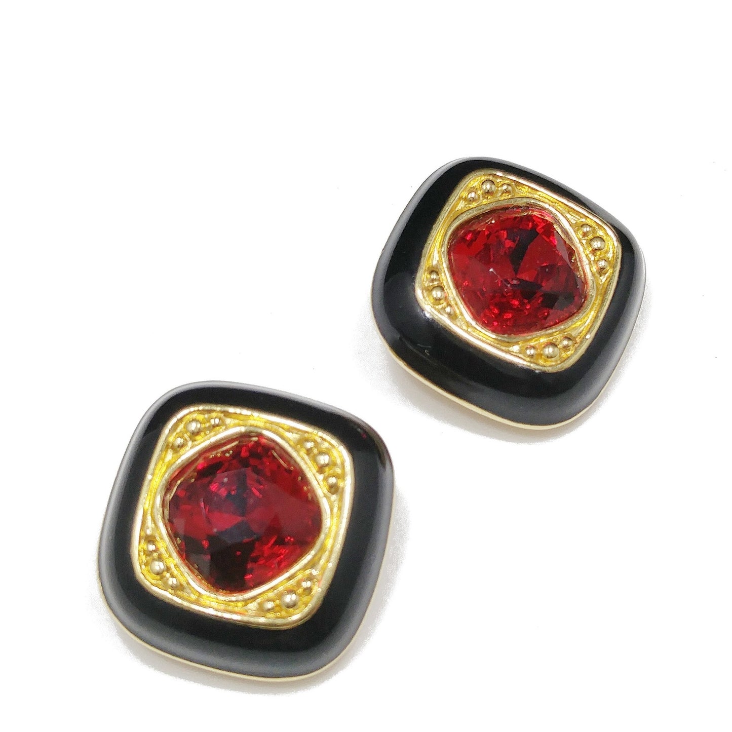 Vintage Swarovski Clip Earrings – Black Enamel & Red Crystal, Gold Plated 1980s
