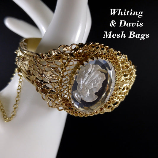 Whiting & Davis Cameo Intaglio Hinged Bracelet, Gold Plated, 1960s Vintage Jewelry