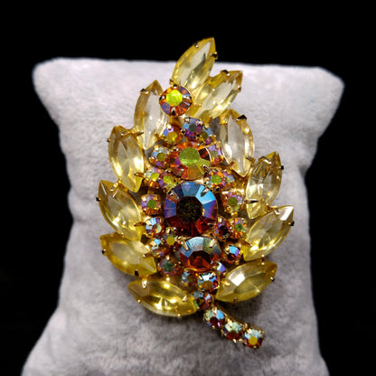 Yellow & Topaz Aurora Borealis Rhinestone Leaf Brooch, Open Back Stones, Gold Plated, 1960s Vintage Jewelry