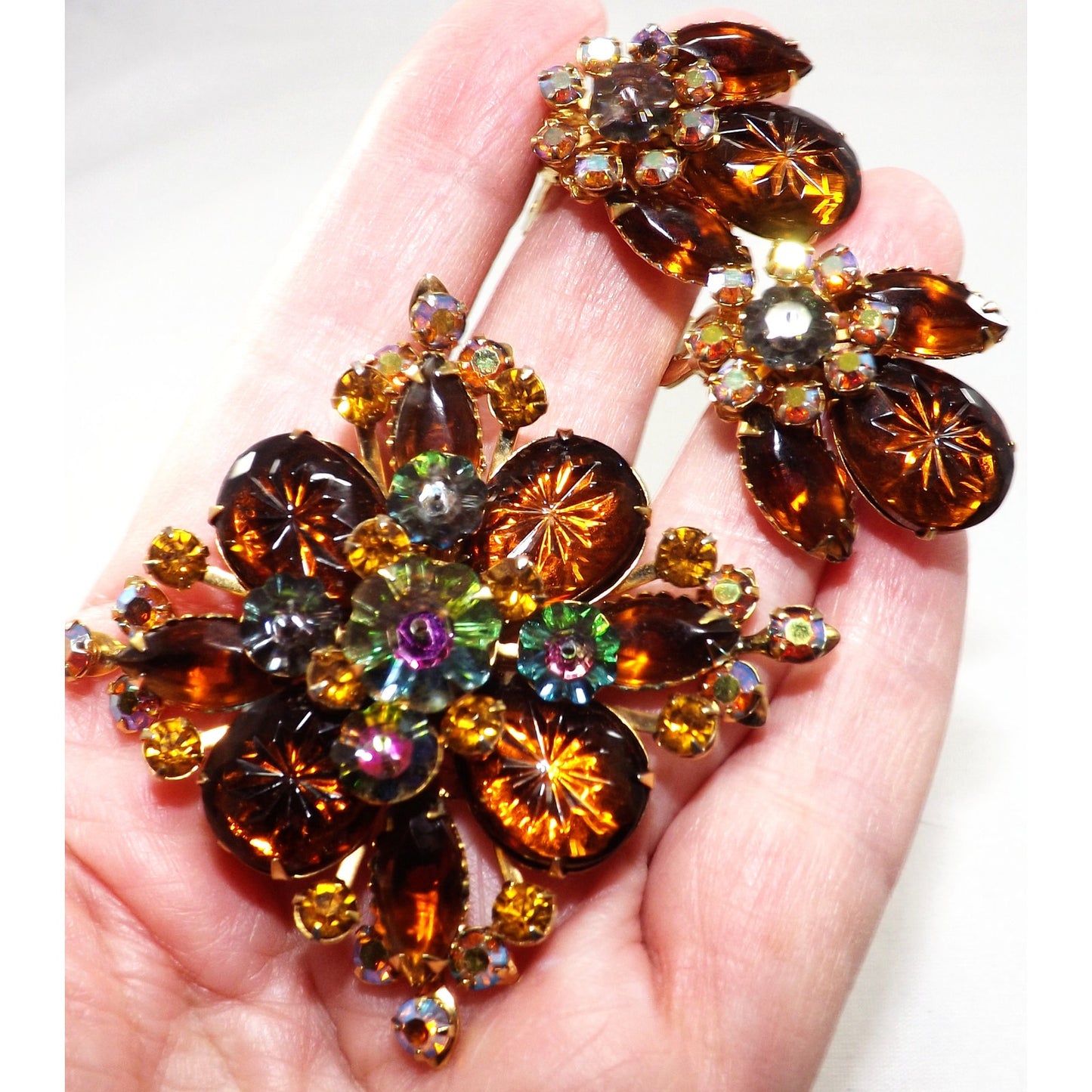 Vintage Beau Jewels Root Beer Molded Glass Watermelon Rhinestone Brooch Set
