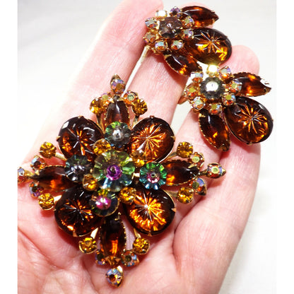 Vintage Beau Jewels Root Beer Molded Glass Watermelon Rhinestone Brooch Set