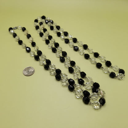 Vintage Art Deco Black and Clear Crystal Necklace – 1920s Wire Wrapped Flapper Beads – 53 Inches