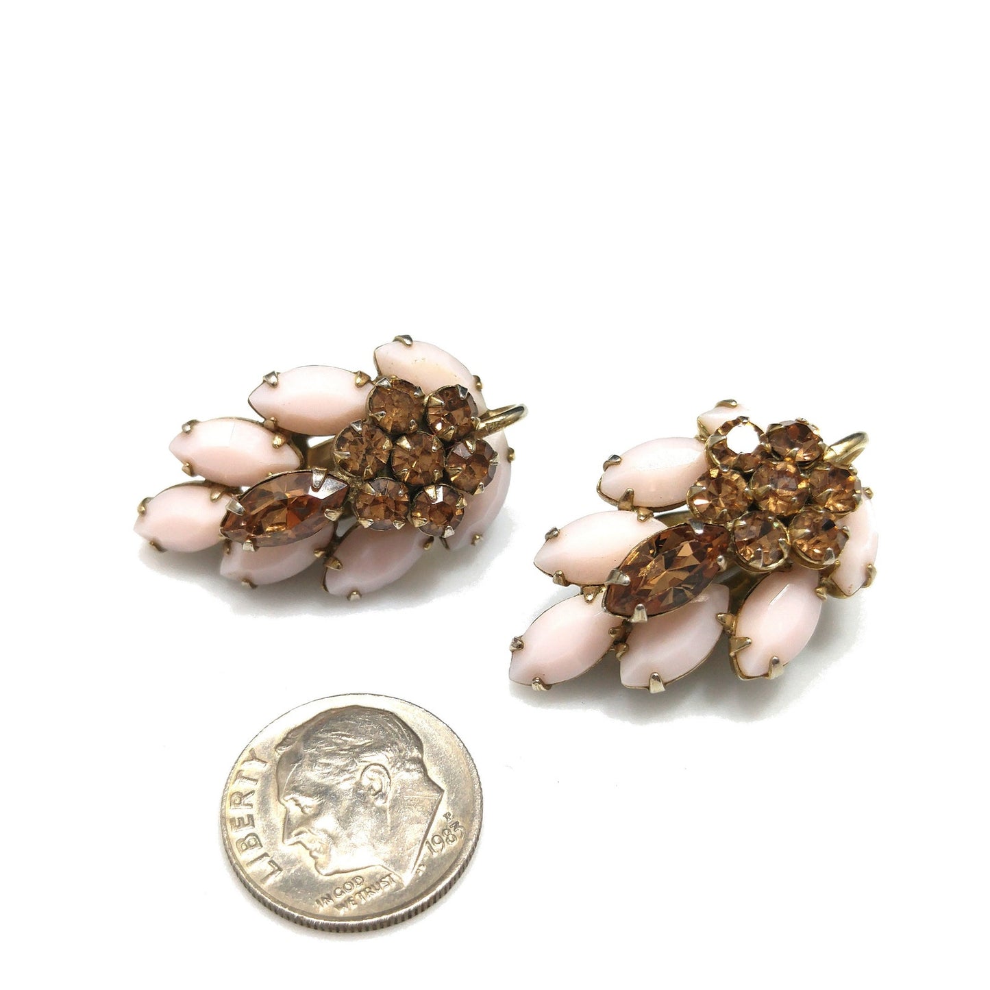 Sherman Pink & Topaz Rhinestone Earrings, Pink Milk Glass, Gold Plated, 1960s Vintage Jewelry