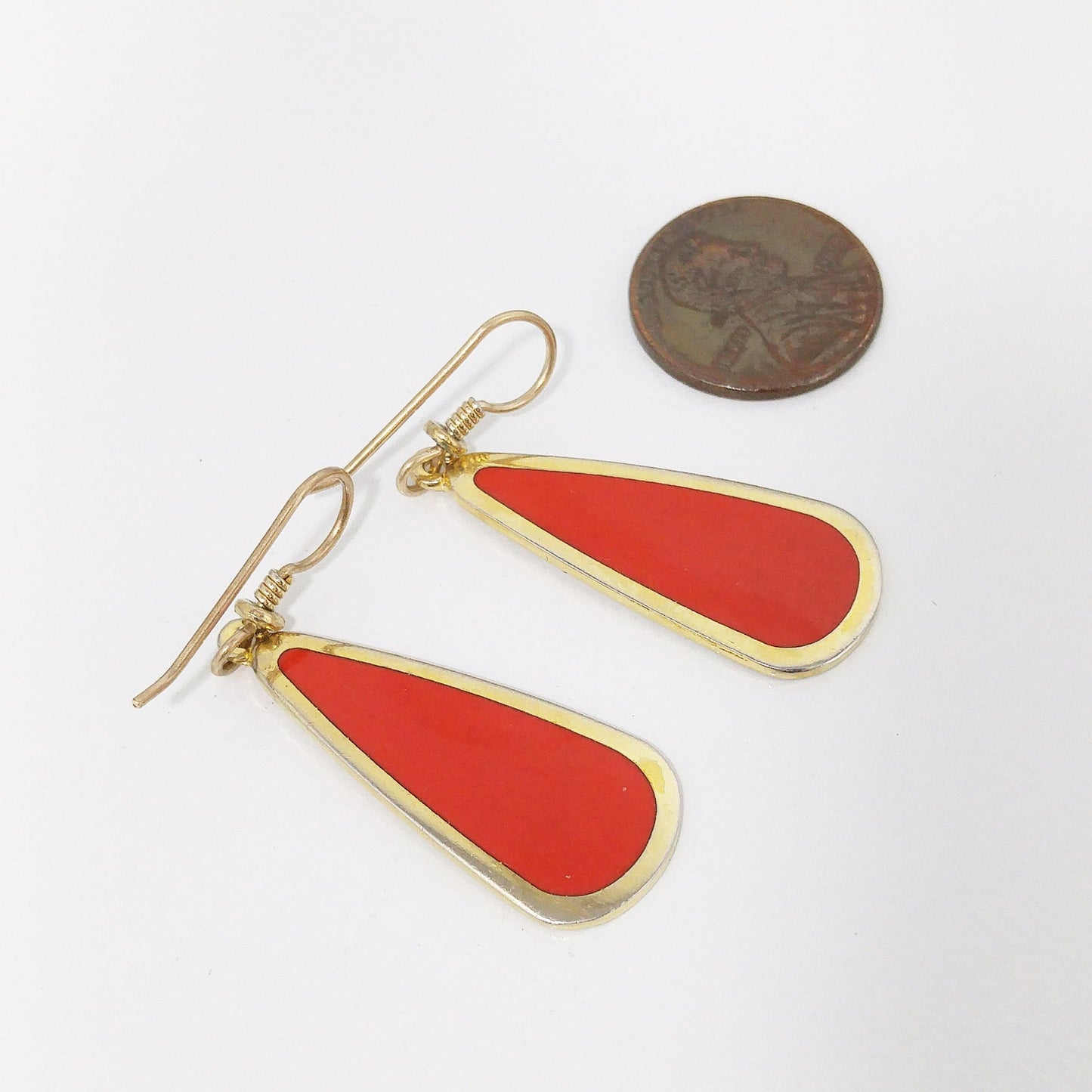 Laurel Burch Red & Gold Teardrop Earrings, Gold Plated, 1980s Vintage Jewelry