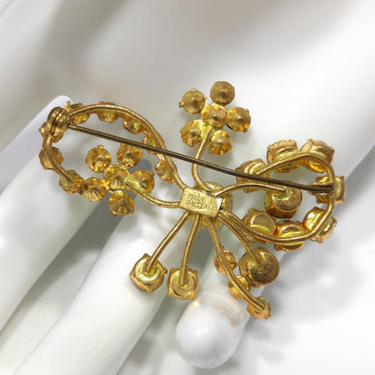 Vintage 1950s Austrian Green Rhinestone & Uranium Glass Brooch – Floral Design