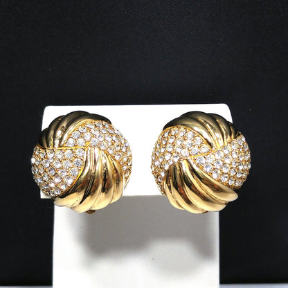 Ciner Clear Pave Rhinestone Round Clip Earrings, Gold Plated, 1980s Vintage Jewelry