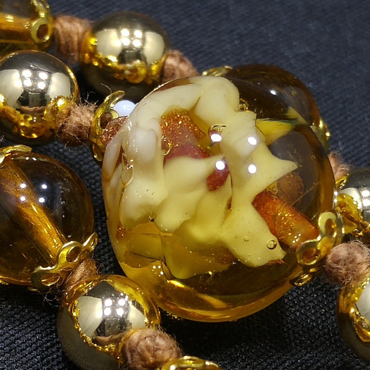 Vintage Murano Glass Necklace – Hand Blown Venetian Floral Beads, Aventurine, 1960s