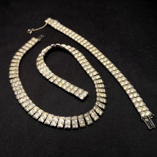 Art Deco Clear Rhinestone Choker Necklace Bracelet Set, Wedding Bridal, 1950s Vintage Jewelry
